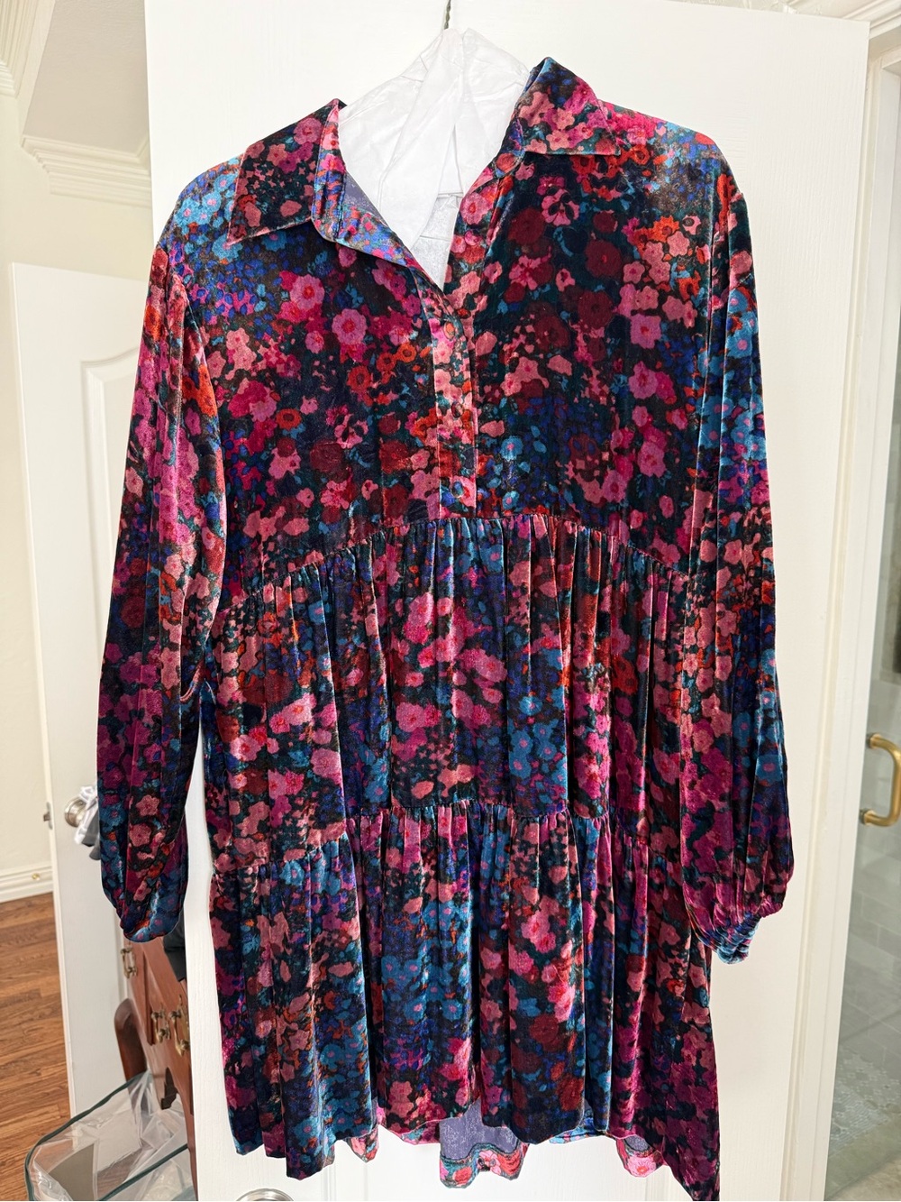 Floral Velvet Tiered Dress - Pink/Blue
